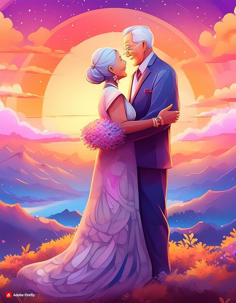 Vector a married couple arms round each others waists facing to the sunset sky in fantasy style