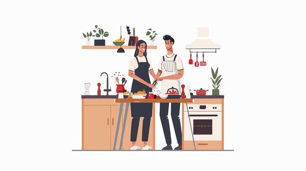 Vector married couple cooking at home vector illustration