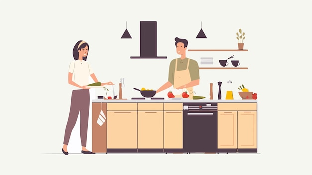 Vector married couple cooking at home vector illustration