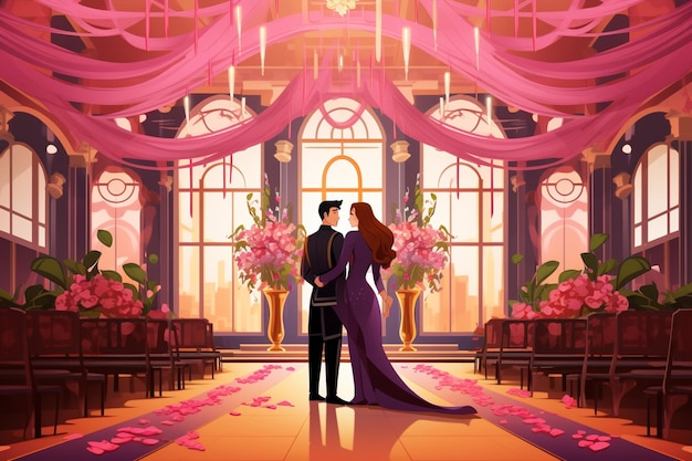 Vector married couple in romantic wedding ceremony