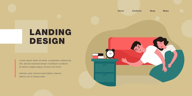 Married couple sleeping in bed. Wife hugging husband, alarm clock on bedside table flat vector illustration. Sleeping, relationship, love concept for banner, website design or landing web page