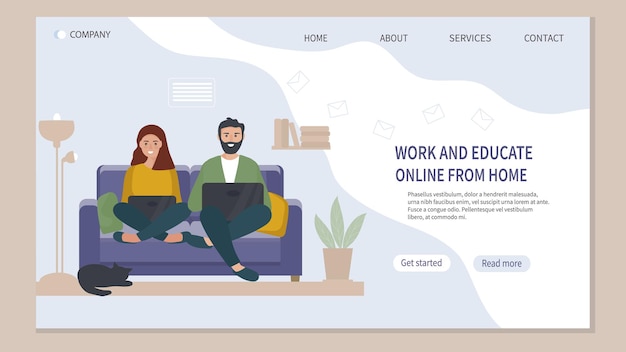 A married couple with a laptop sits at home on the sofa Work at home online education