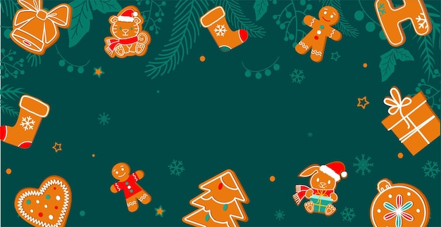 Marry Cristmas background with winter gingerbread cookies and plants