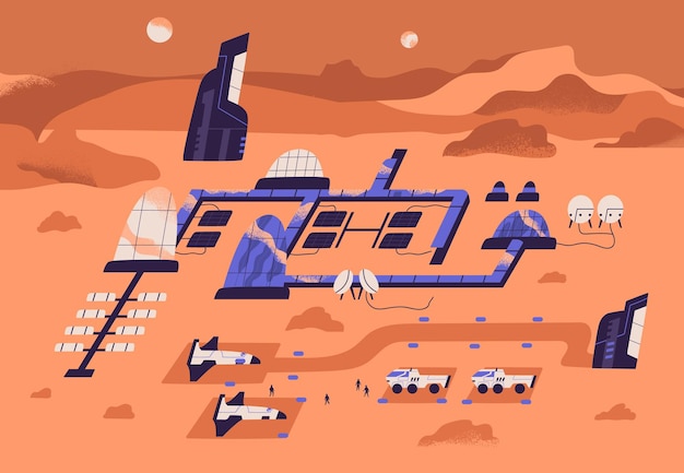 Mars colonization concept. Futuristic landscape of red planet surface with colony buildings and equipment for scientific research. Colored flat textured vector illustration.