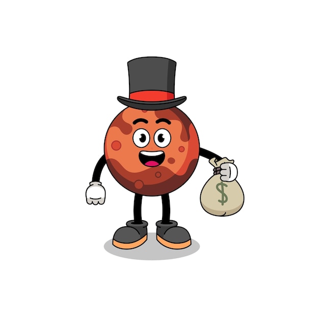 Mars planet mascot illustration rich man holding a money sack