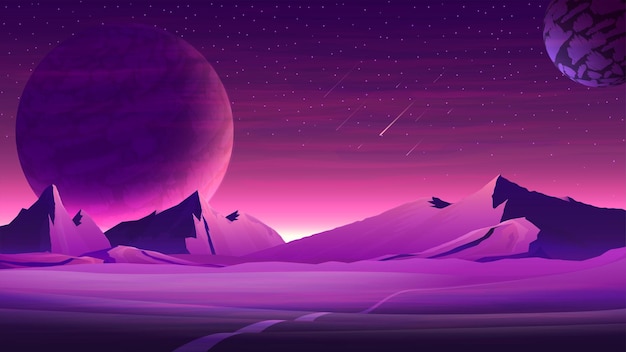 Mars purple space landscape with large planets on purple starry sky