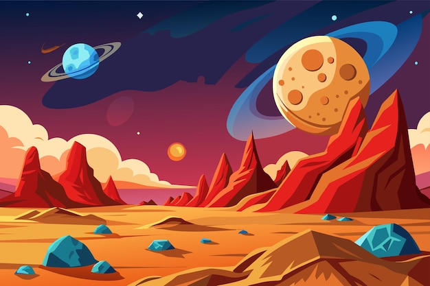 Vector mars surface alien planet landscape space game background