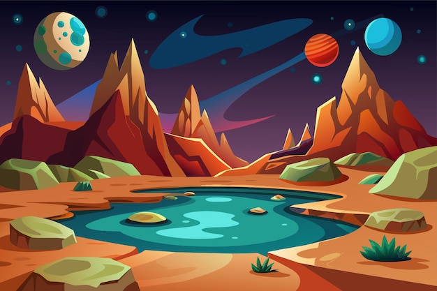 Vector mars surface alien planet landscape space game background