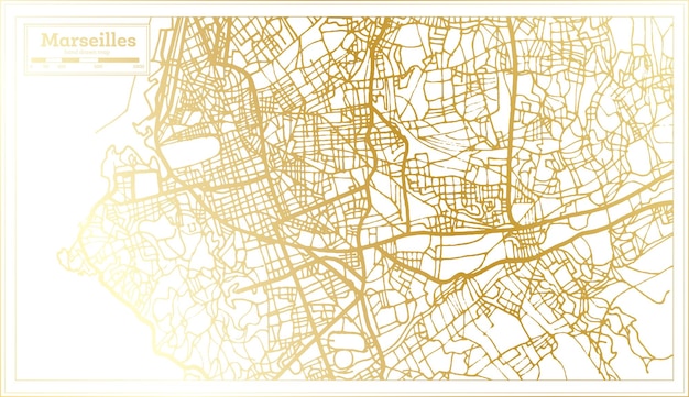 Marseilles France City Map in Retro Style in Golden Color Outline Map