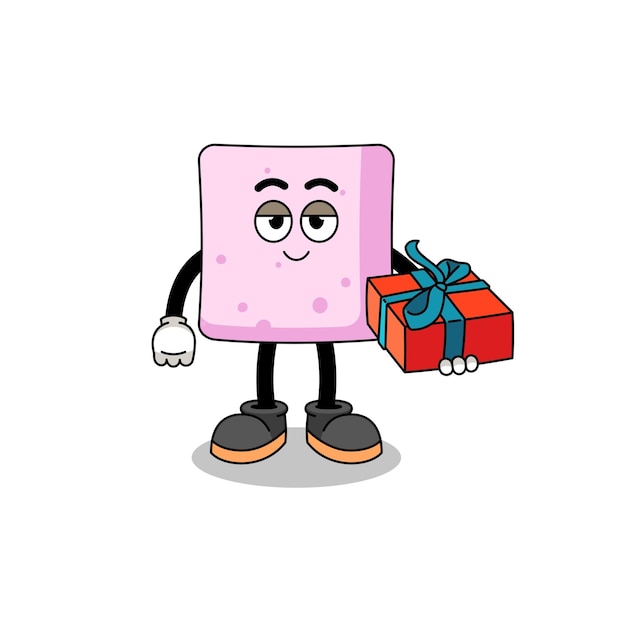 Marshmallow mascot illustration giving a gift character design