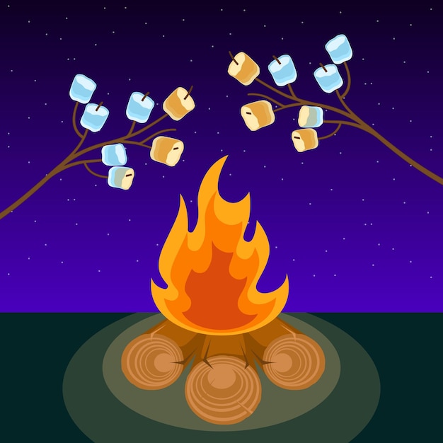 Marshmallow on skewers cooked on bonfire at night vector illustration. Marshmallows extended over a camp fire to roast.