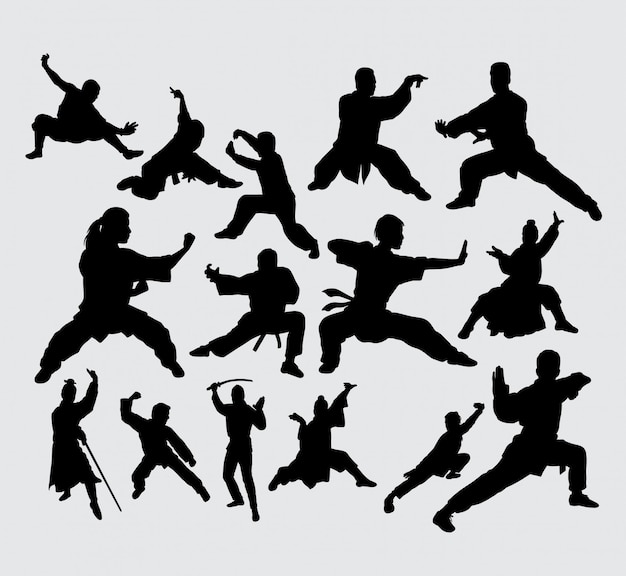 Martial art and kungfu action silhouette