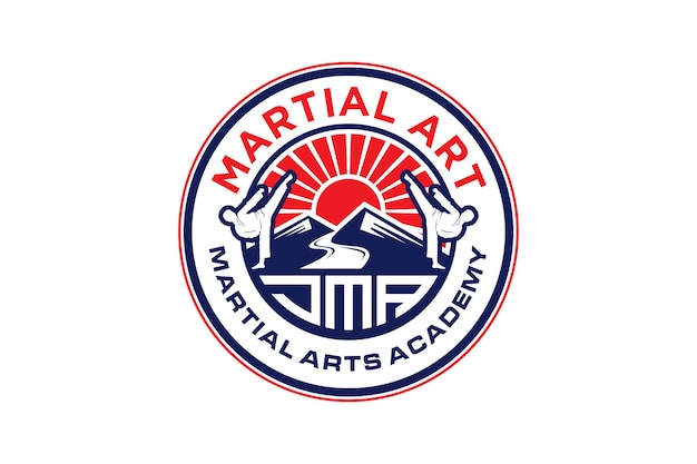 Martial art logo badge style ap chagi dollyo chagi mountain and sunset element rounded shape