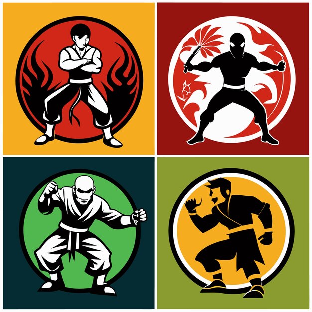 Vector martial arts character icons unique kung fu and karate fighter designs