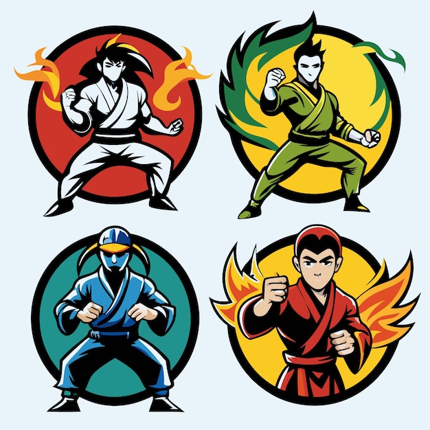 Vector martial arts character icons unique kung fu and karate fighter designs