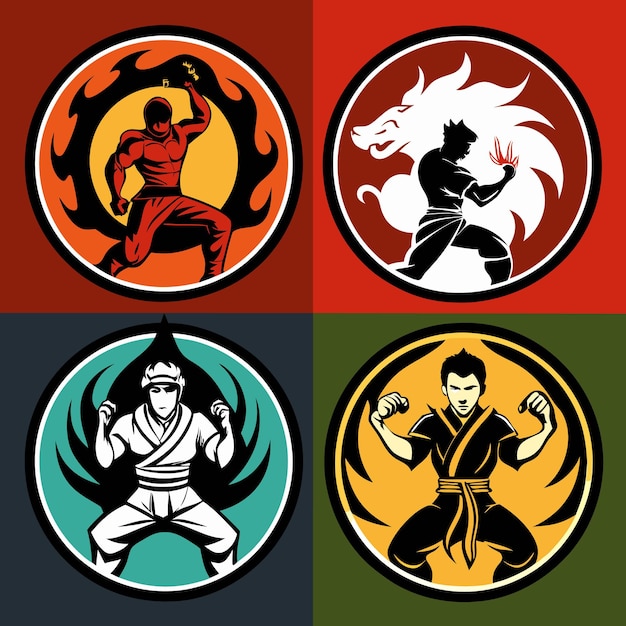 Vector martial arts character icons unique kung fu and karate fighter designs