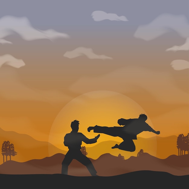 Martial arts Silhouette of two male fighting