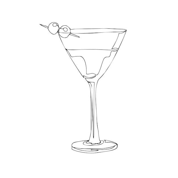 Martini glass with olives cocktail one line drawing continuous modern illustration