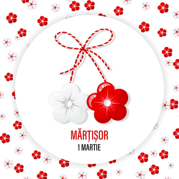 Martisor, a red and white symbol of spring on the background of flowers. Traditional spring holiday