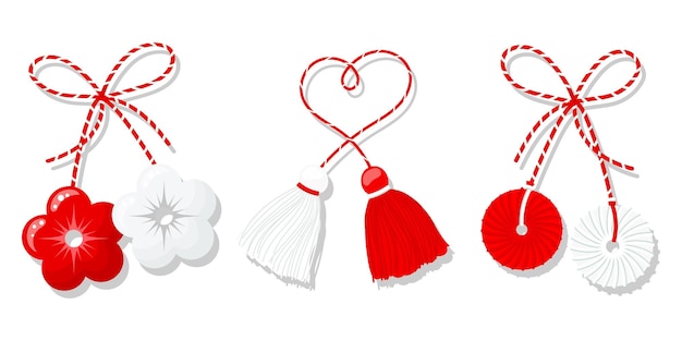 Martisor set, red and white symbol of spring. Traditional spring holiday in Romania and Moldova.