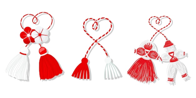 Martisor set, red and white symbol of spring. Traditional spring holiday in Romania and Moldova.