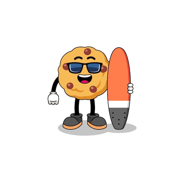 Mascot cartoon of chocolate chip cookie as a surfer character design