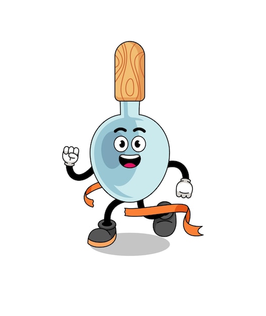 Mascot cartoon of cooking spoon running on finish line