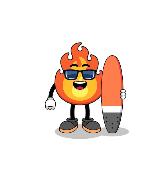 Mascot cartoon of fire as a surfer