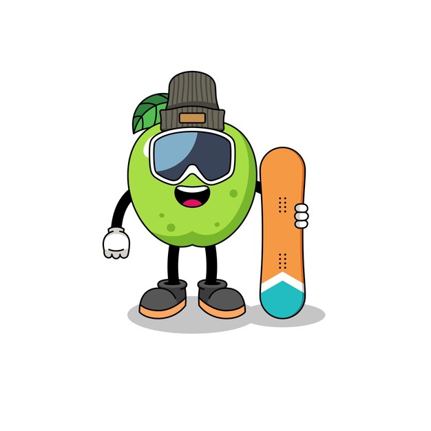 Mascot cartoon of green apple snowboard player character design