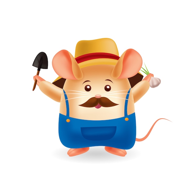 Mascot cartoon illustration. Cute Farmer Mouse. isolated background. Premium Vector