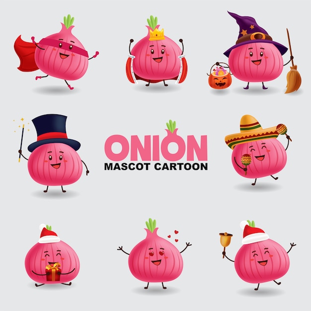 Mascot cartoon illustration. Onion in several pose. isolated background. 