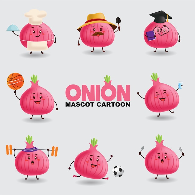 Mascot cartoon illustration. Onion in several pose. isolated background. 