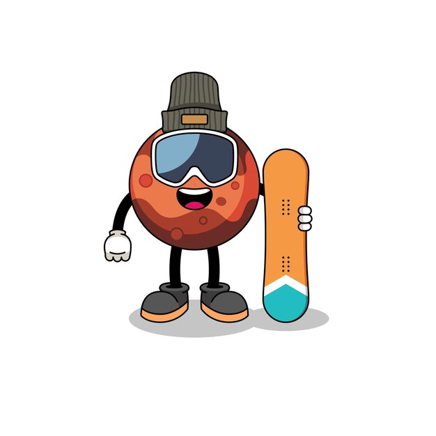 Mascot cartoon of mars planet snowboard player