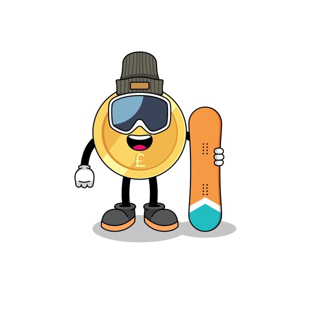 Mascot cartoon of pound sterling snowboard player