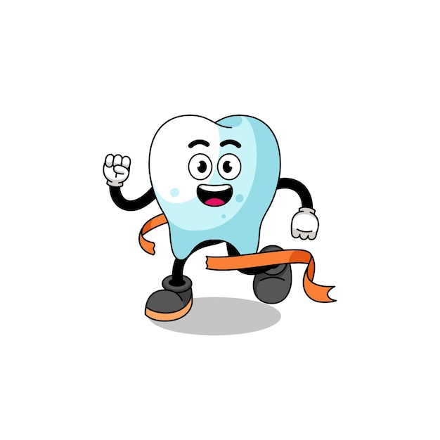 Mascot cartoon of tooth running on finish line