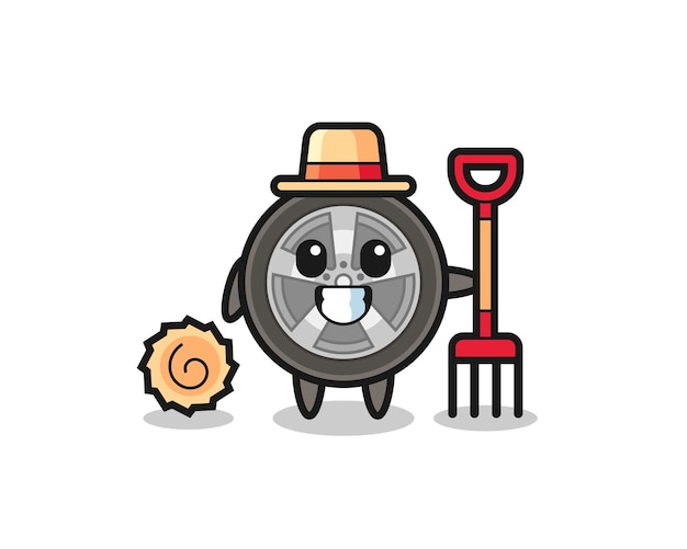 Mascot character of car wheel as a farmer