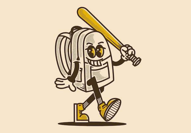 Mascot character design of a school bag holding a baseball stick