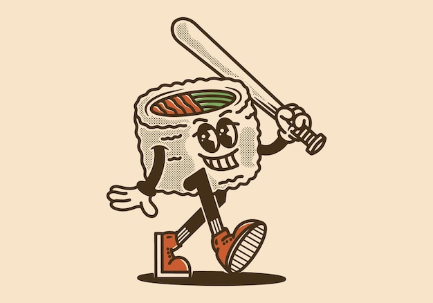 Mascot character design of a sushi roll holding a baseball stick