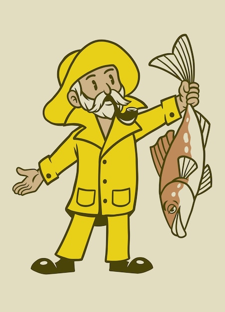 Mascot Character of Fisherman in Retro Vintage Style