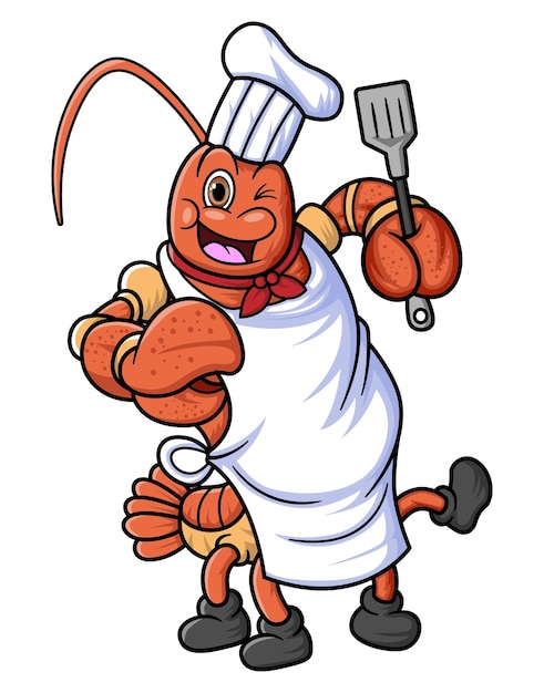 The mascot character of a lobster works as a professional chef posing with holding a spatula