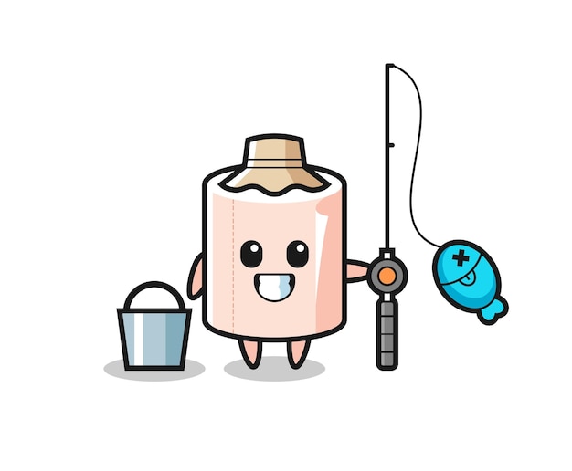 Mascot character of tissue roll as a fisherman  cute design