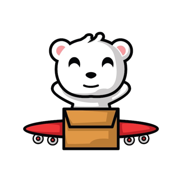 Mascot cute cartoon character vector illustration A polar bear is flying in a cardboard toy plane