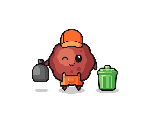 The mascot of cute meatball as garbage collector , cute design