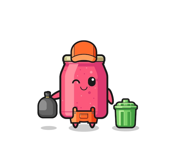 The mascot of cute strawberry jam as garbage collector