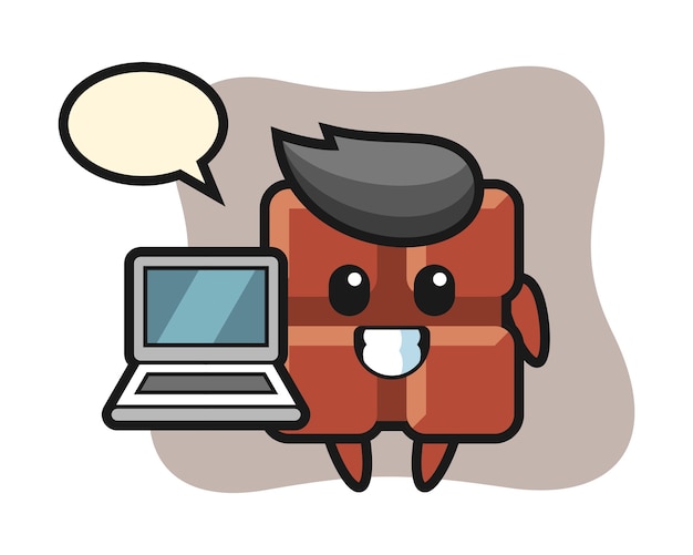 Mascot illustration of chocolate bar with a laptop, cute kawaii style.