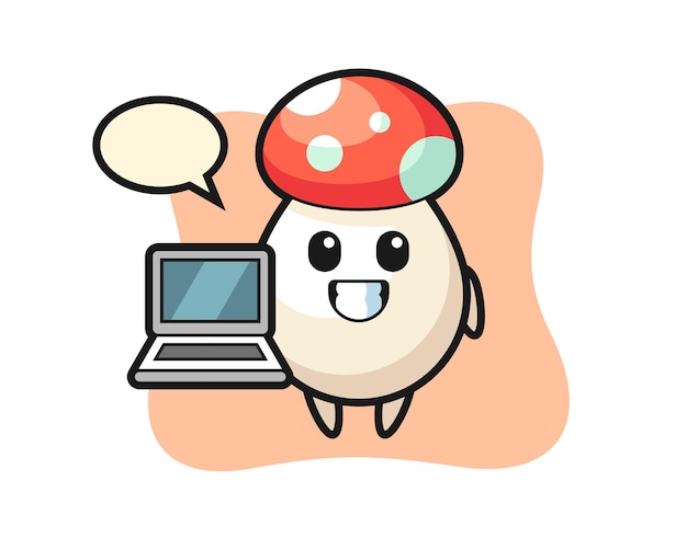 Mascot Illustration of mushroom with a laptop, cute style design for t shirt, sticker, logo element