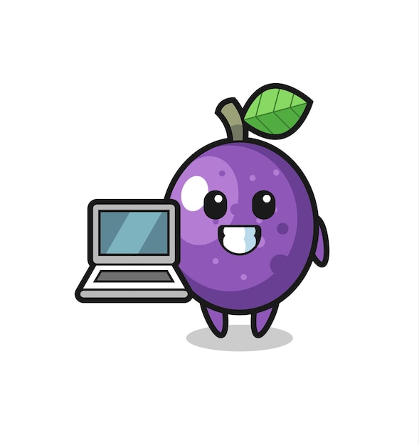 Mascot Illustration of passion fruit with a laptop , cute style design for t shirt, sticker, logo element