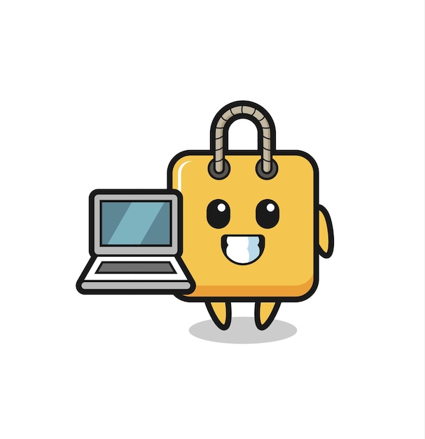 Mascot Illustration of shopping bag with a laptop