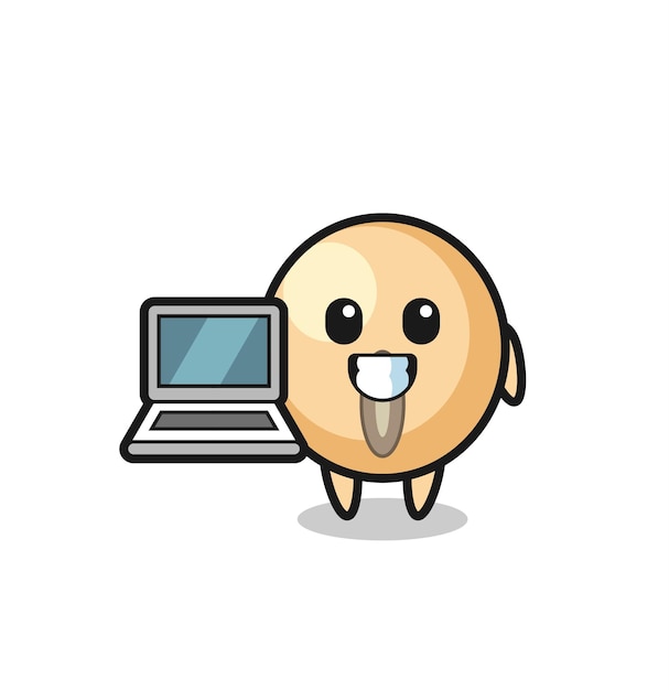 Mascot Illustration of soy bean with a laptop