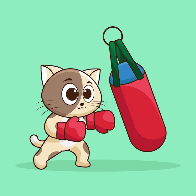 Vector mascot logo cute cartoon cat boxer wearing boxing gloves hitting the punching bag